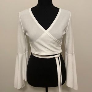 Faux Wrap Crop Top with Flare Sleeves